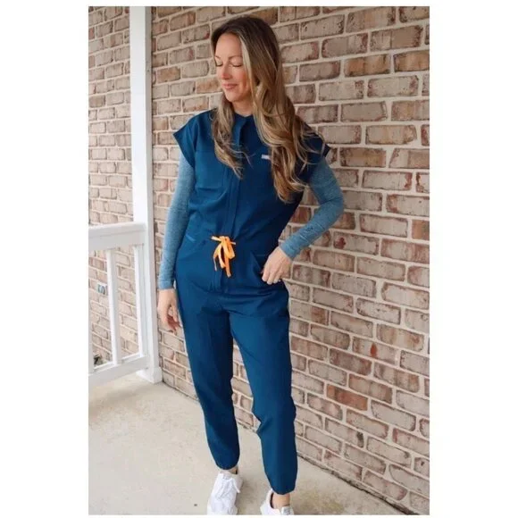 FIGS Rafaela Cargo Scrub Jumpsuit Deep Reef Blue Orange L Large Short Sleeves - Picture 1 of 10